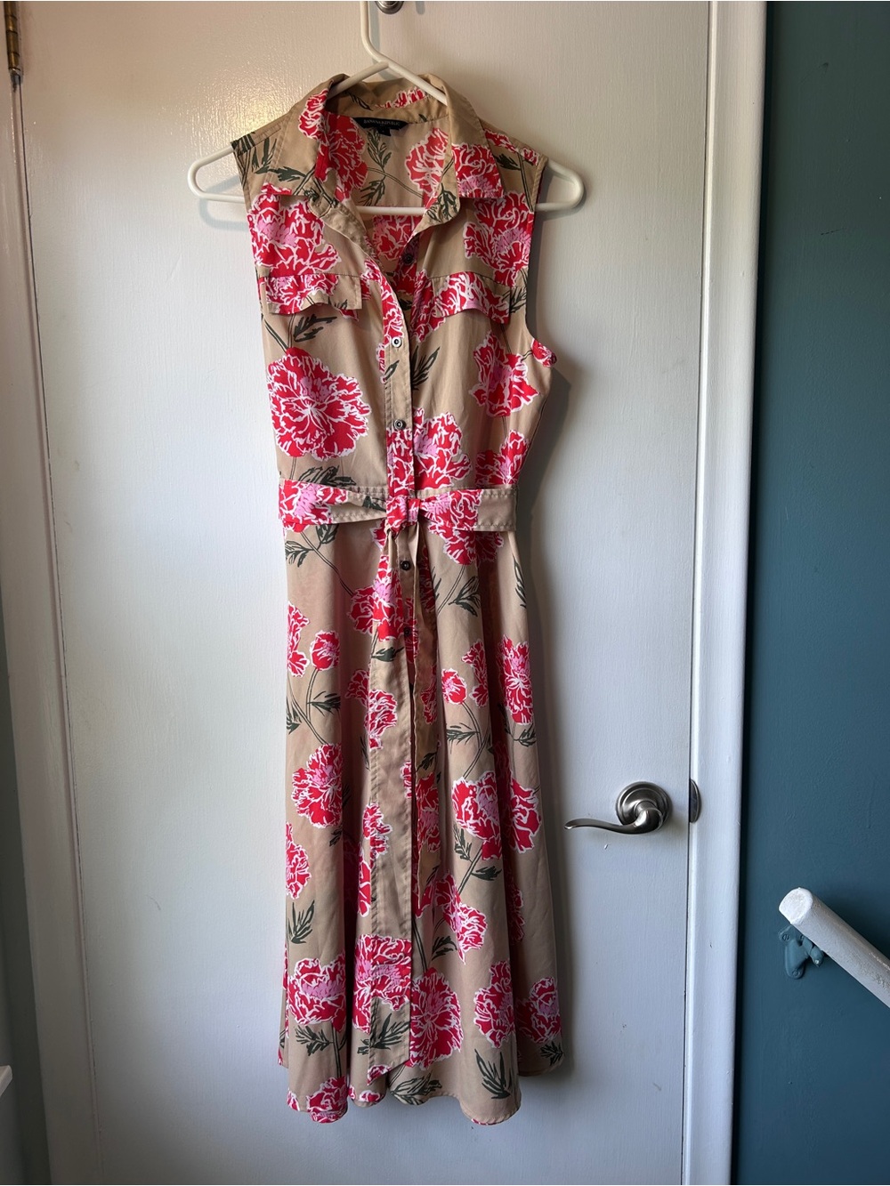 Banana Republic Beige Midi Shirt Dress with Pink Red Floral Print